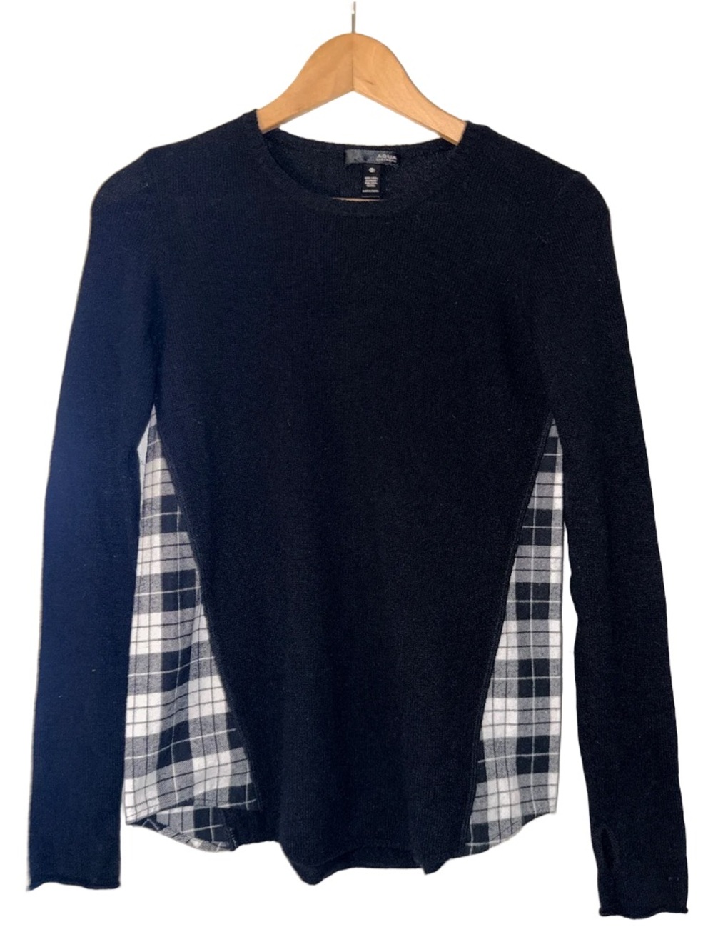 AQUA Black 100% Cashmere Plaid Panel "2-Fer" Layered Pullover Sweater. Size XS